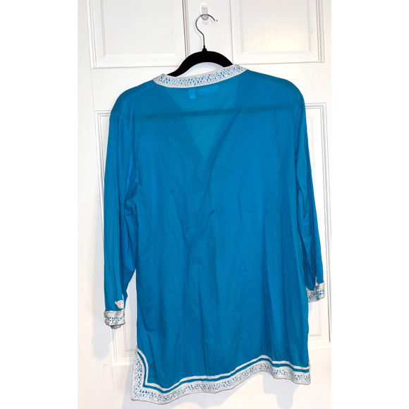 Chico’s Blue Turquoise Tunic Top Women’s Sz 2 L Sequin 3/4 Sleeve Resort Coastal - Picture 5 of 7